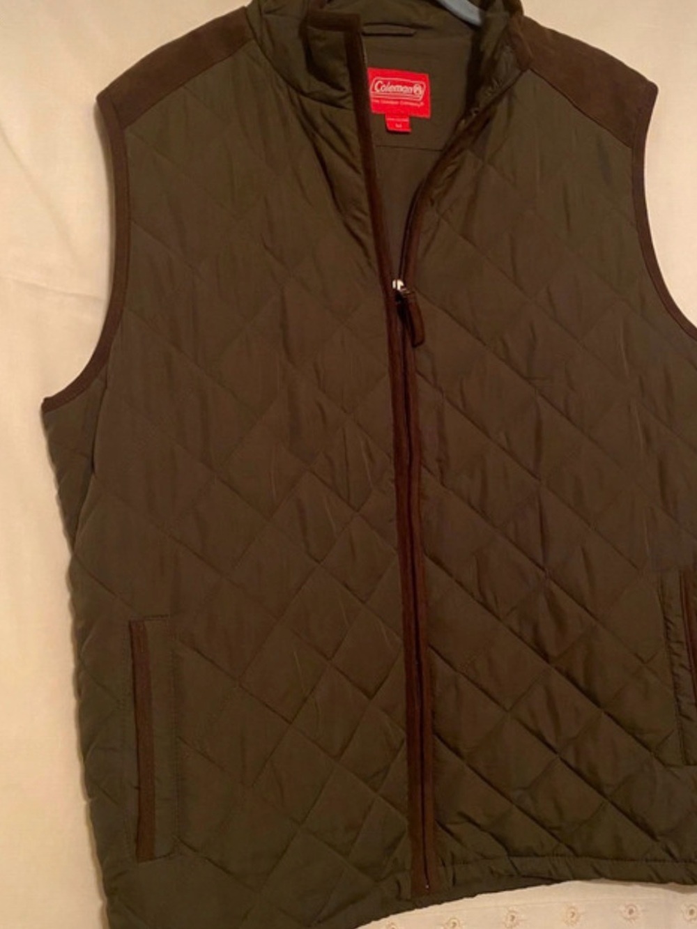 Coleman Olive Green Quilted Men's Vest with Brown Trim